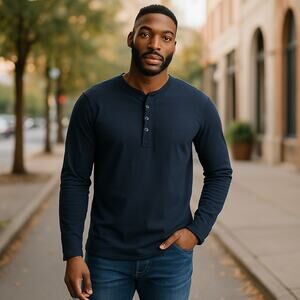 Chaps Ralph Lauren Mens XL Navy Blue Long Sleeve Henley Preppy Academia Waffle